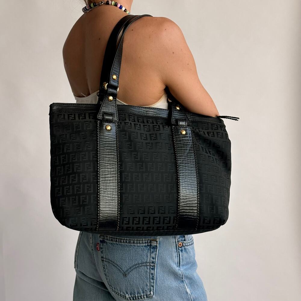 Vintage Fendi Zucchino Black Canvas & Leather Tote - Early 2000s